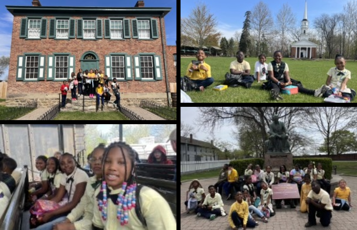 collage of students at Greenfield Village in front of historic buildings, statues, and on the train